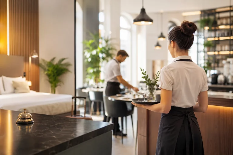 Minijobreform Rentenreform für Hotellerie und Gastronomie, Serivcekraft geht an Theke vorbei links eine Hotelklingel und ein Bett. Im Hintergrund arbeitete eine weitere Servicekraft/Minijobber